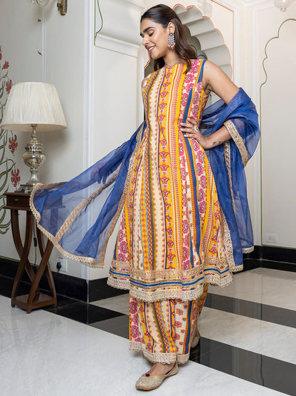 Janasya Women's Multicolor Cotton Ethnic Printed Festive A-line Kurta Set