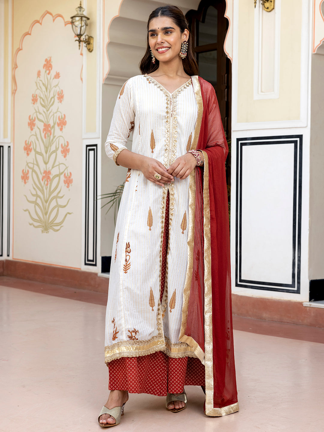 Janasya Women's White Cotton Embellished Floral Printed Festive Front Slit Kurta Set