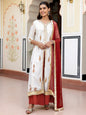 Janasya Women's White Cotton Embellished Floral Printed Festive Front Slit Kurta Set