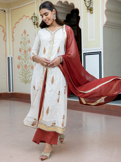 Janasya Women's White Cotton Embellished Floral Printed Festive Front Slit Kurta Set