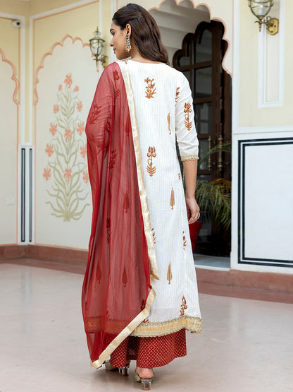 Janasya Women's White Cotton Embellished Floral Printed Festive Front Slit Kurta Set