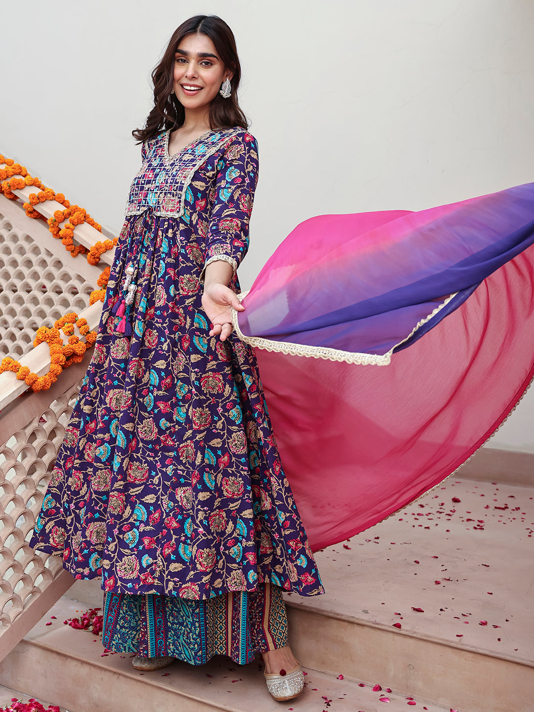 Janasya Women's Purple Cotton Embellished Ethnic Printed Festive A-line Kurta Set