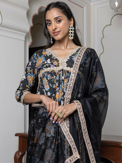 Janasya Women's Black Cotton Embellished Festive Empire Kurta Set