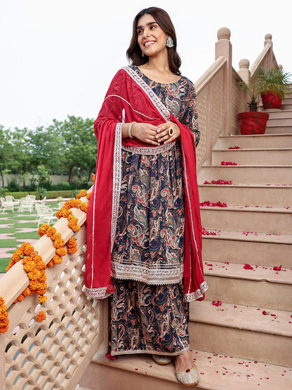 Janasya Women's Navy Blue Cotton Ethnic Printed Festive Flared Kurta Set