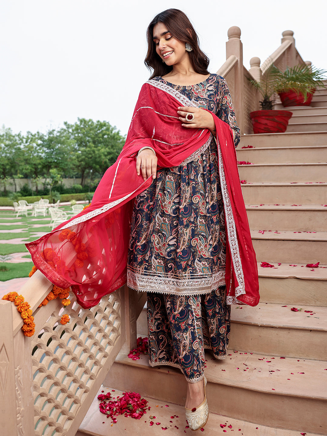 Janasya Women's Navy Blue Cotton Ethnic Printed Festive Flared Kurta Set