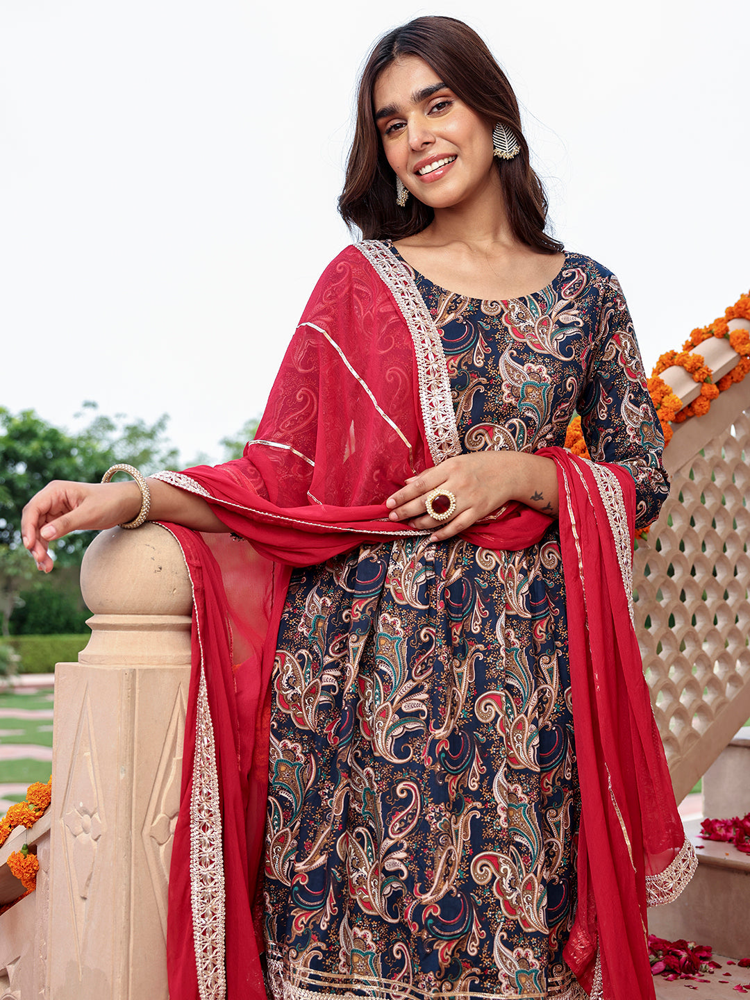 Janasya Women's Navy Blue Cotton Ethnic Printed Festive Flared Kurta Set
