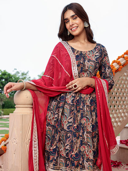 Janasya Women's Navy Blue Cotton Ethnic Printed Festive Flared Kurta Set