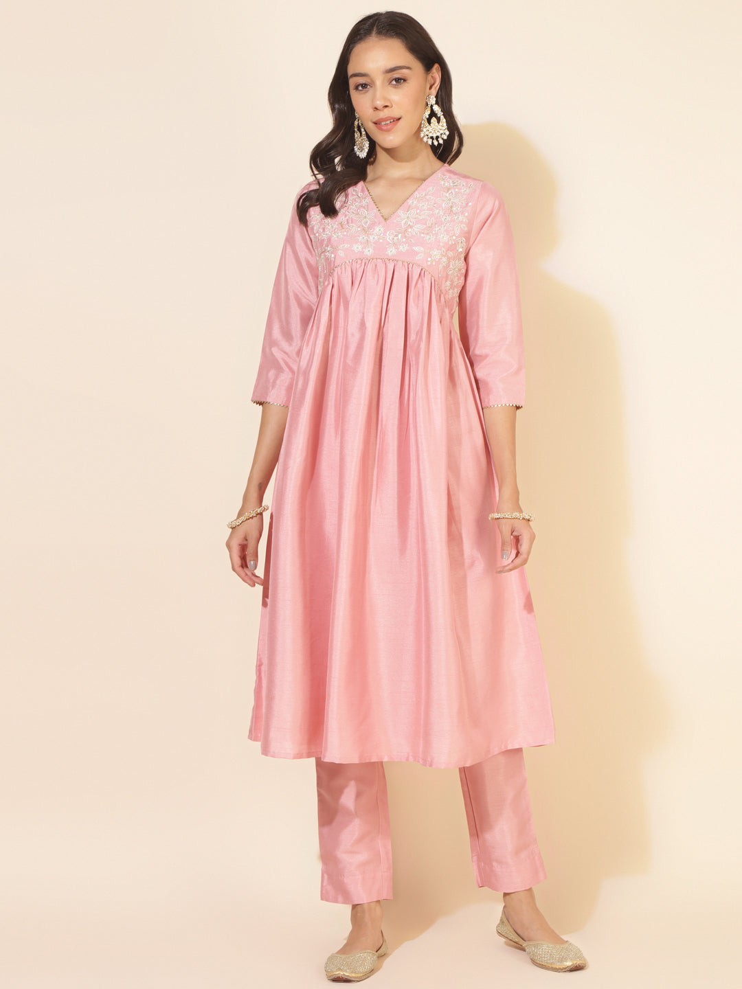 Janasya Pink Crepe Silk Yoke Embroidery Set