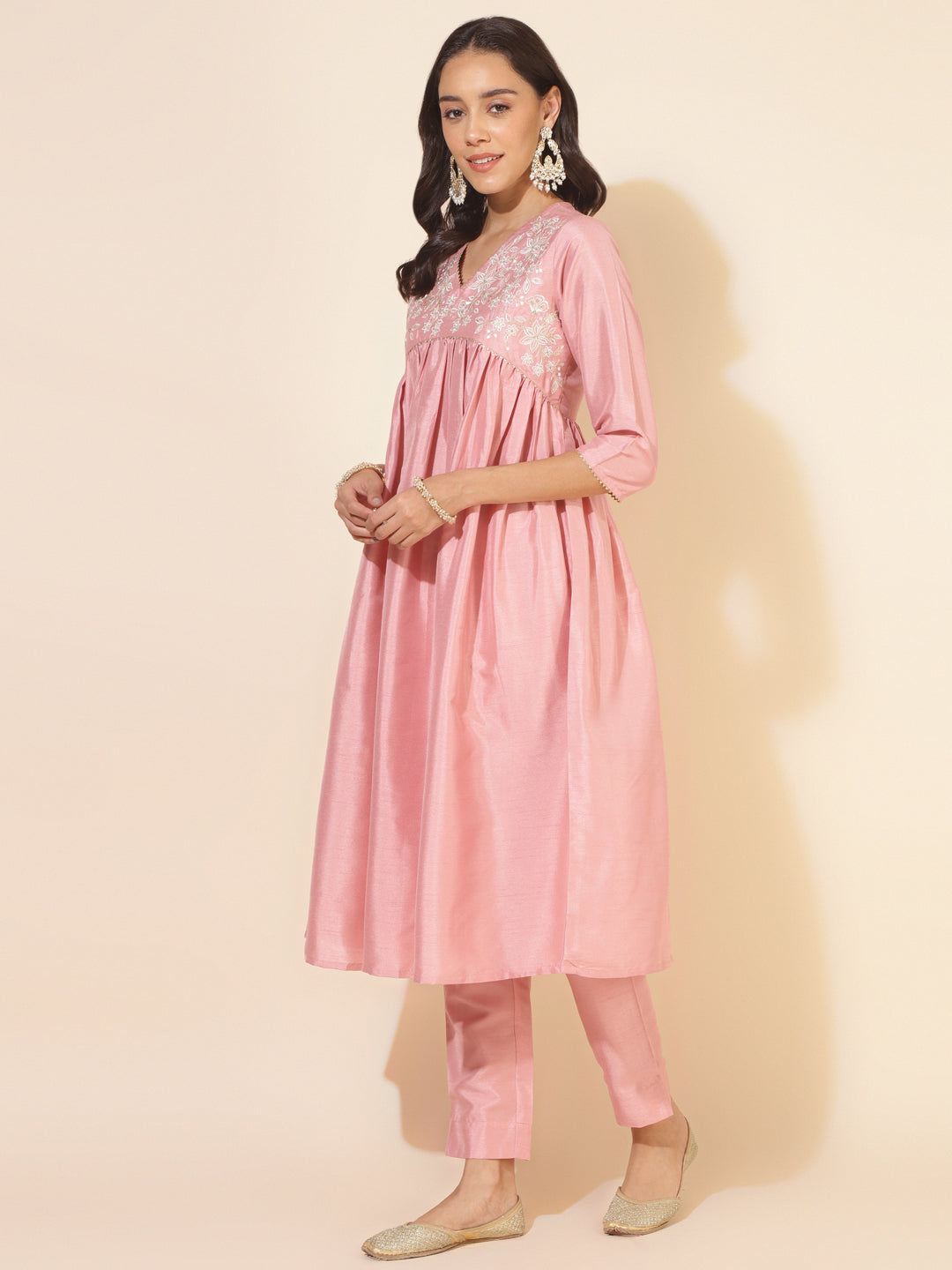 Janasya Pink Crepe Silk Yoke Embroidery Set