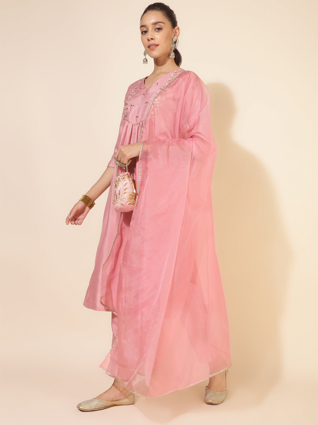 Janasya Pink Crepe Silk Yoke Embroidery Set