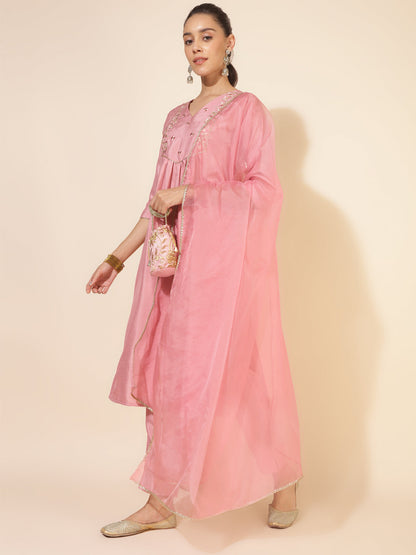 Janasya Pink Crepe Silk Yoke Embroidery Set