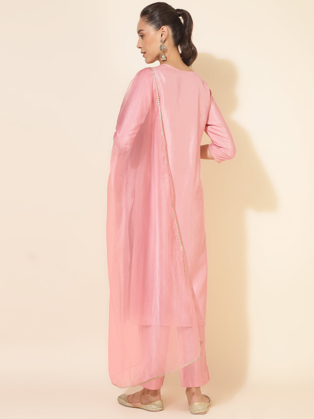 Janasya Pink Crepe Silk Yoke Embroidery Set