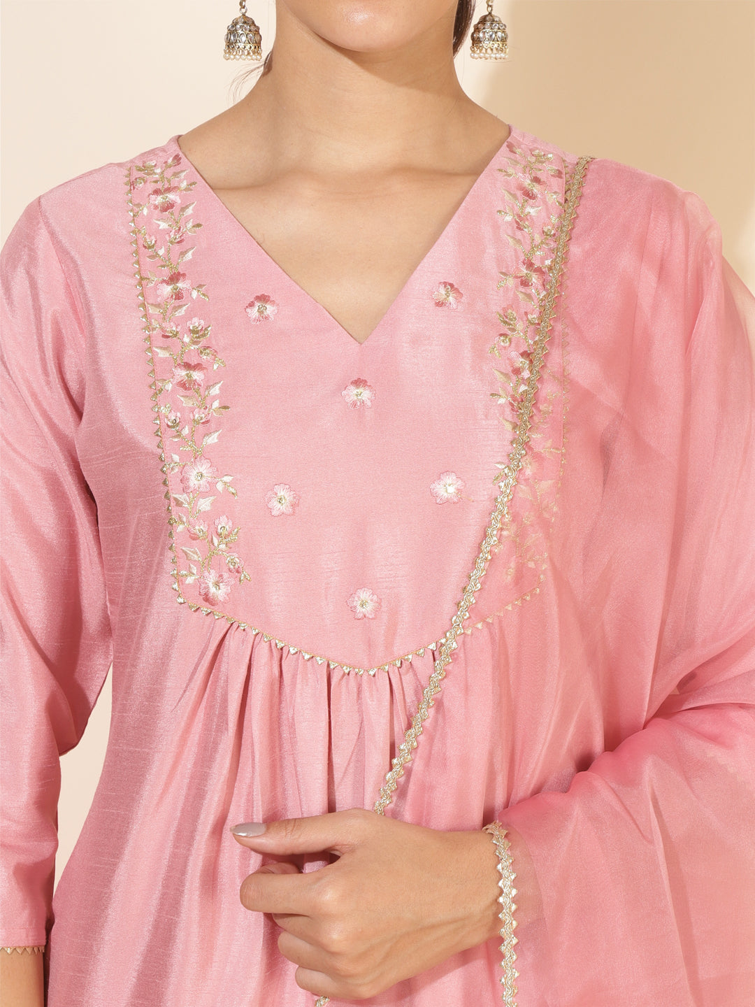 Janasya Pink Crepe Silk Yoke Embroidery Set