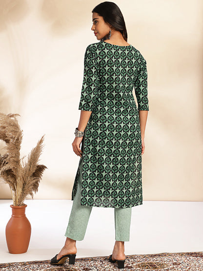 Janasya Green Cotton Printed Sets