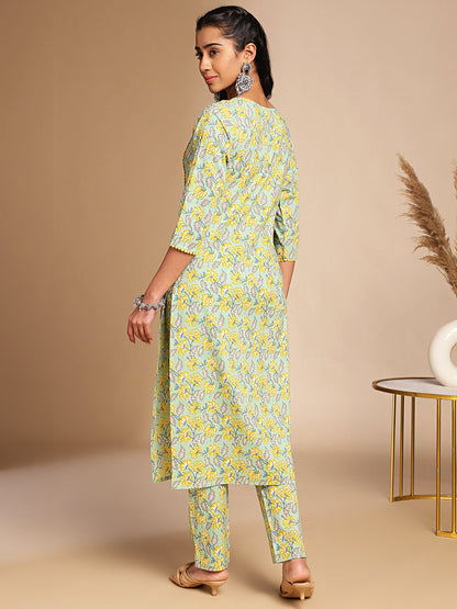 Janasya Light Green Cotton Floral Straight Co-ord Set