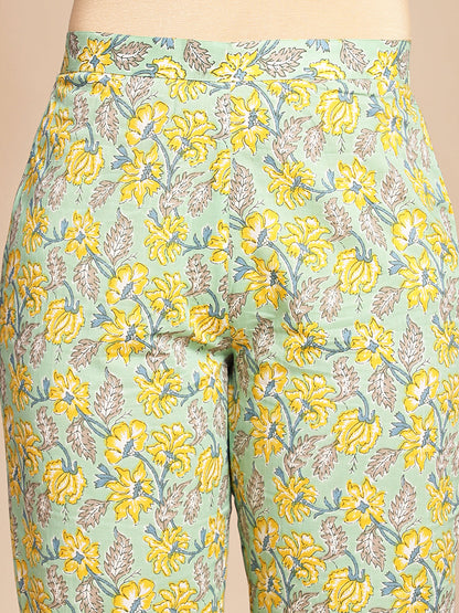 Janasya Light Green Cotton Floral Straight Co-ord Set