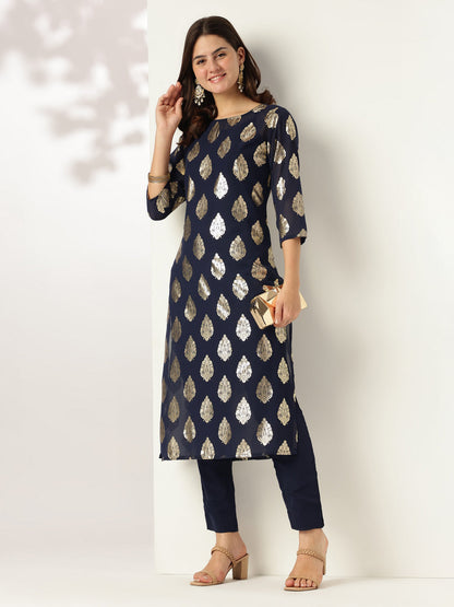 Janasya Dark Georgette Foil Print Straight Kurta Set