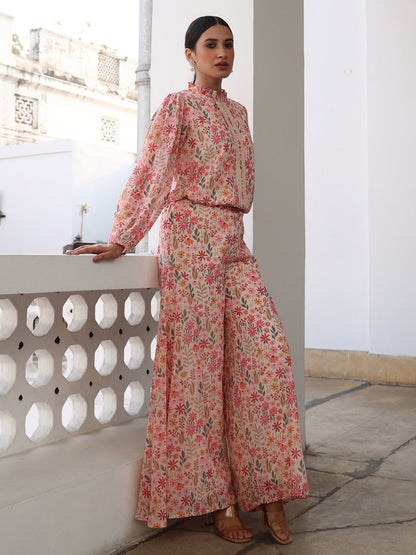 Janasya Beige Georgette Floral Regular Top & Bottom Set