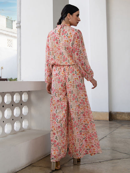 Janasya Beige Georgette Floral Regular Top & Bottom Set