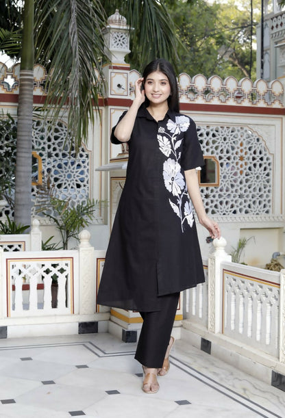 Miravan Women's Black Pure Cotton Floral Embroidered High Low Co-Ord Set