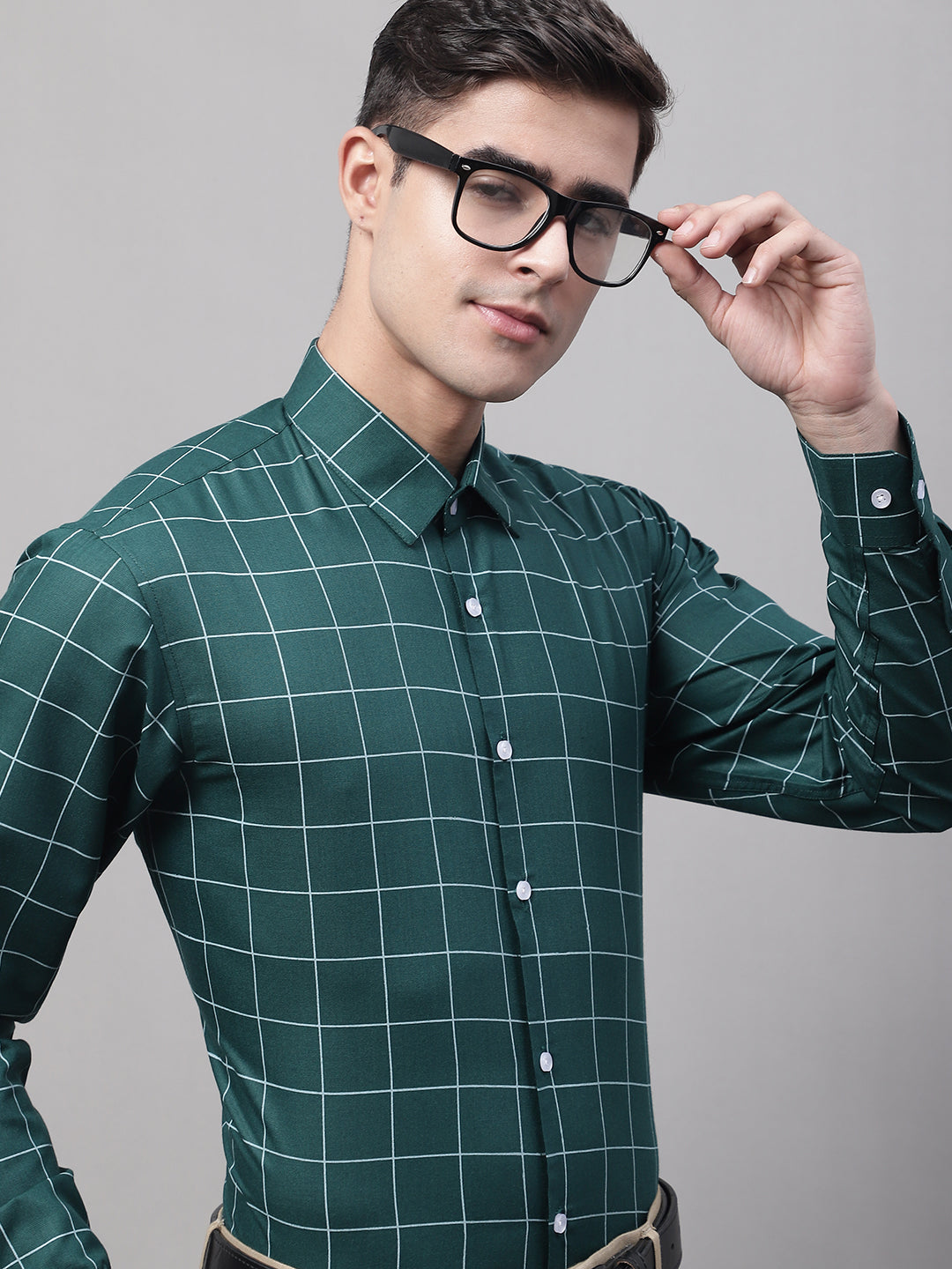 Jainish Men's Green Cotton Checked Formal Shirt
