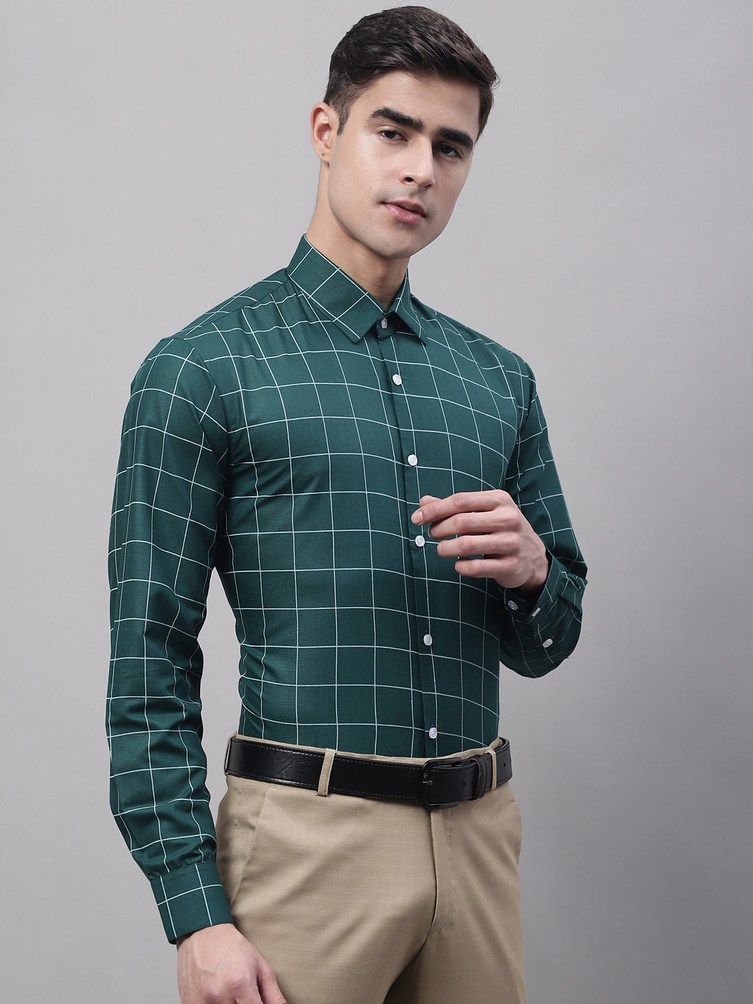 Jainish Men's Green Cotton Checked Formal Shirt