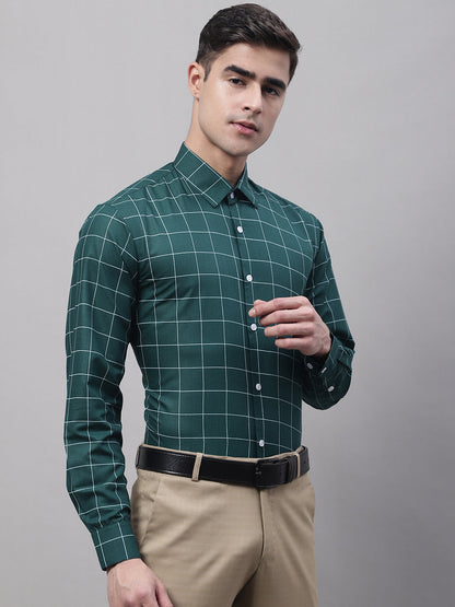 Jainish Men's Green Cotton Checked Formal Shirt