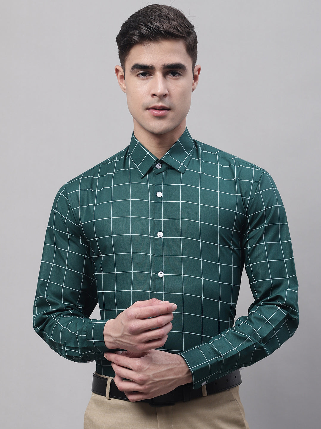 Jainish Men's Green Cotton Checked Formal Shirt