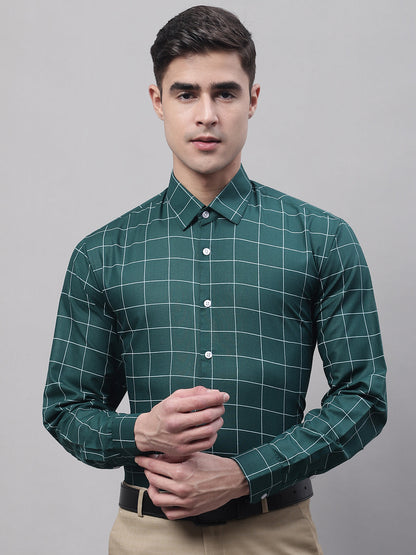 Jainish Men's Green Cotton Checked Formal Shirt