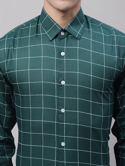 Jainish Men's Green Cotton Checked Formal Shirt