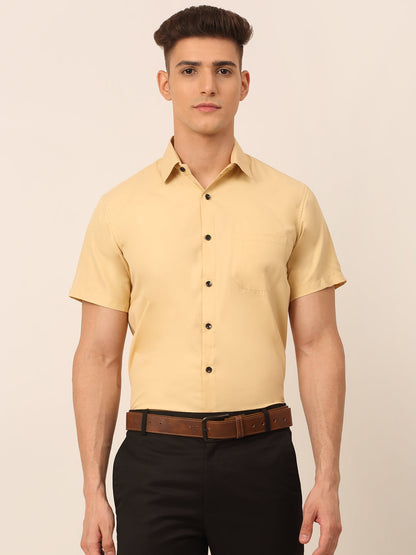 Jainish Men's Cotton Half Sleeves Solid Formal Shirts - Beige