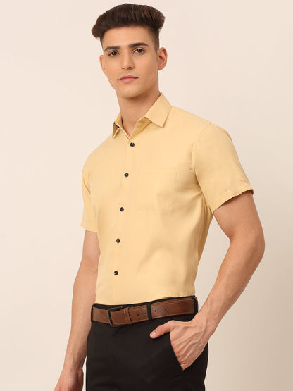 Jainish Men's Cotton Half Sleeves Solid Formal Shirts - Beige