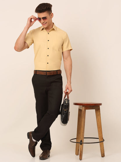 Jainish Men's Cotton Half Sleeves Solid Formal Shirts - Beige