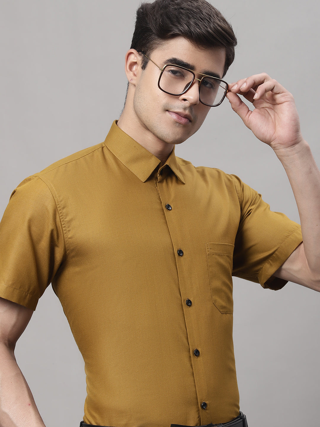 Jainish Men's Cotton Half Sleeves Solid Formal Shirts - Mustard