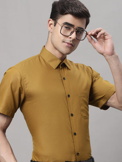 Jainish Men's Cotton Half Sleeves Solid Formal Shirts - Mustard