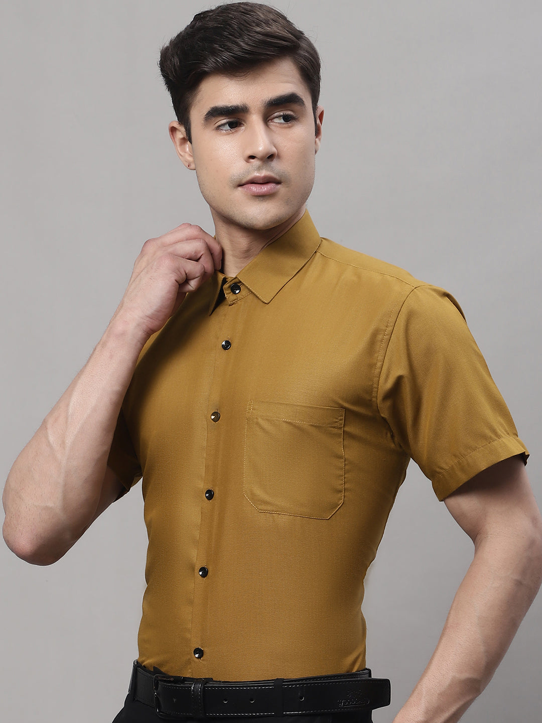 Jainish Men's Cotton Half Sleeves Solid Formal Shirts - Mustard