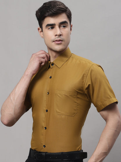 Jainish Men's Cotton Half Sleeves Solid Formal Shirts - Mustard