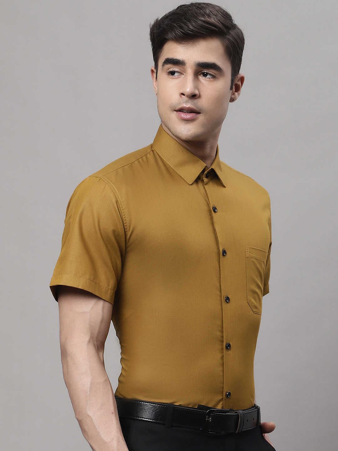 Jainish Men's Cotton Half Sleeves Solid Formal Shirts - Mustard