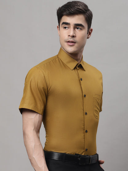 Jainish Men's Cotton Half Sleeves Solid Formal Shirts - Mustard