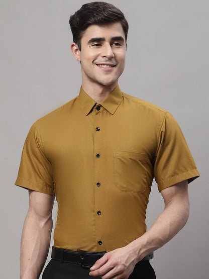 Jainish Men's Cotton Half Sleeves Solid Formal Shirts - Mustard