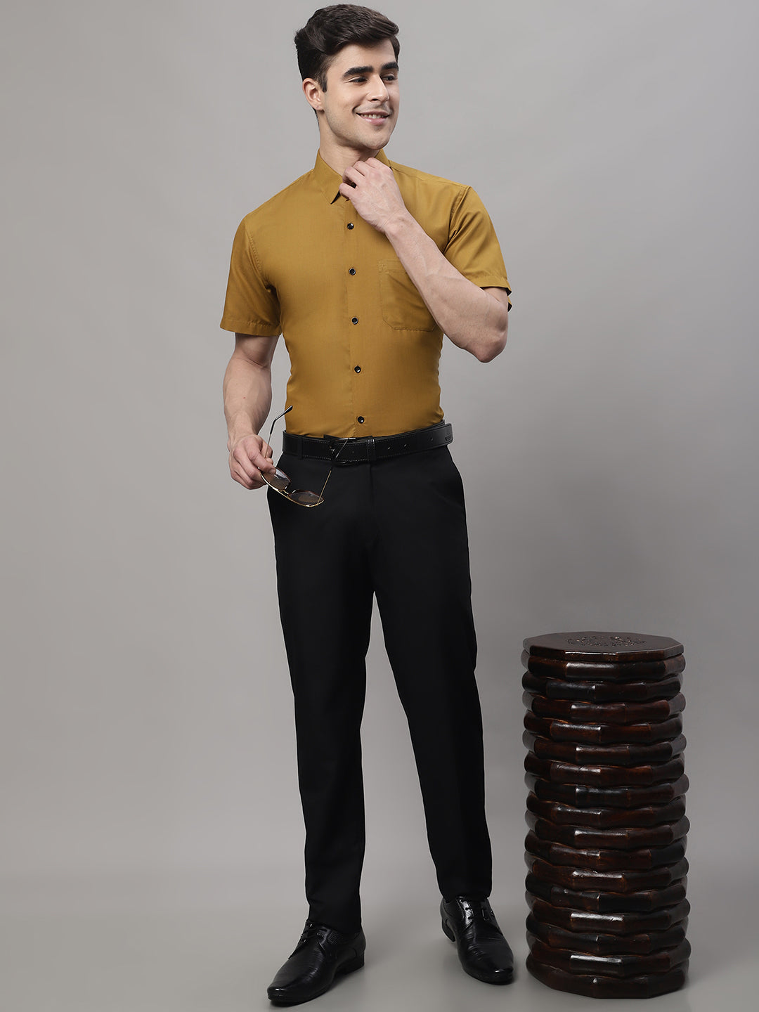 Jainish Men's Cotton Half Sleeves Solid Formal Shirts - Mustard
