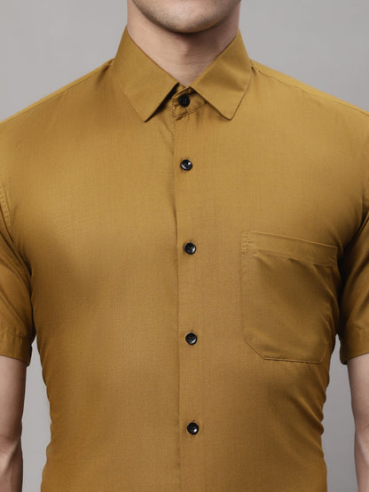 Jainish Men's Cotton Half Sleeves Solid Formal Shirts - Mustard
