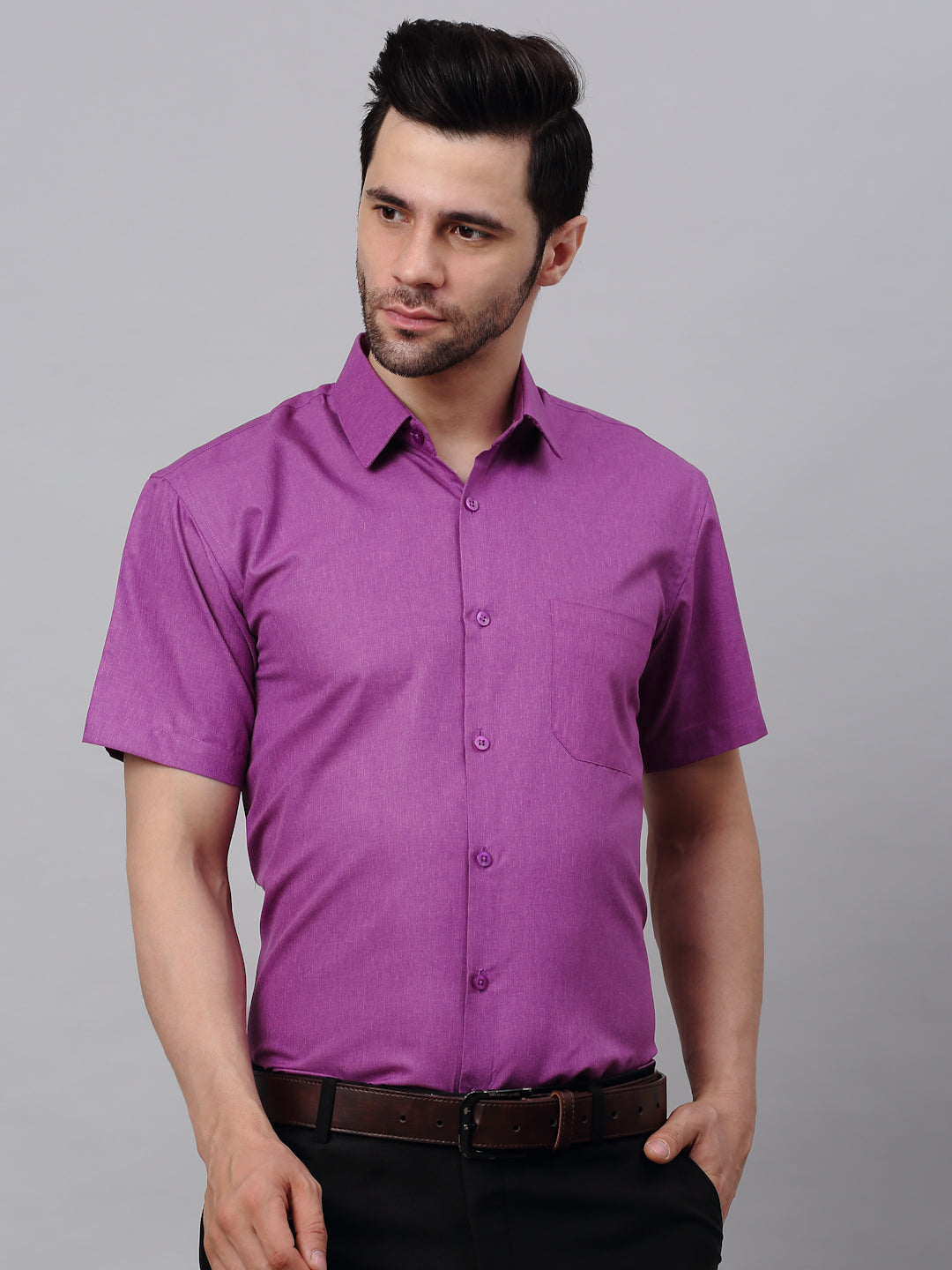 Jainish Men's Cotton Solid Half Sleeves Formal Shirt - Purple