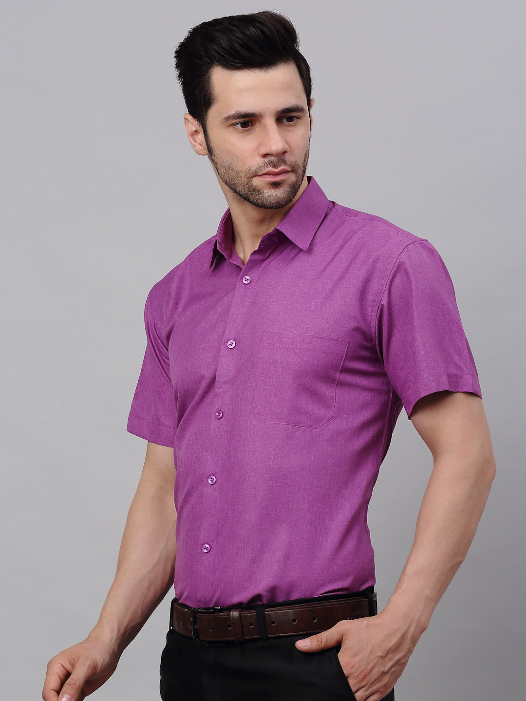Jainish Men's Cotton Solid Half Sleeves Formal Shirt - Purple