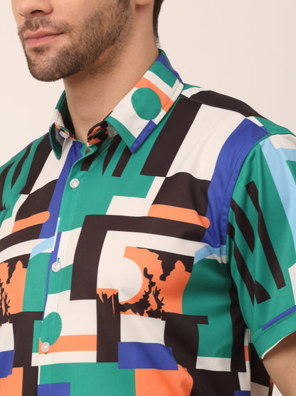 Jainish Men's Lycra Printed Half Sleeve Formal Shirts ( SF 814Green )