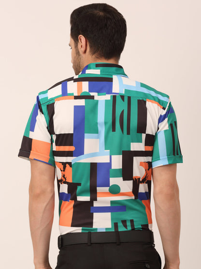 Jainish Men's Lycra Printed Half Sleeve Formal Shirts ( SF 814Green )