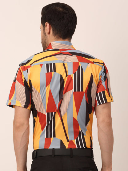 Jainish Men's Lycra Printed Half Sleeve Formal Shirts ( SF 814Yellow )