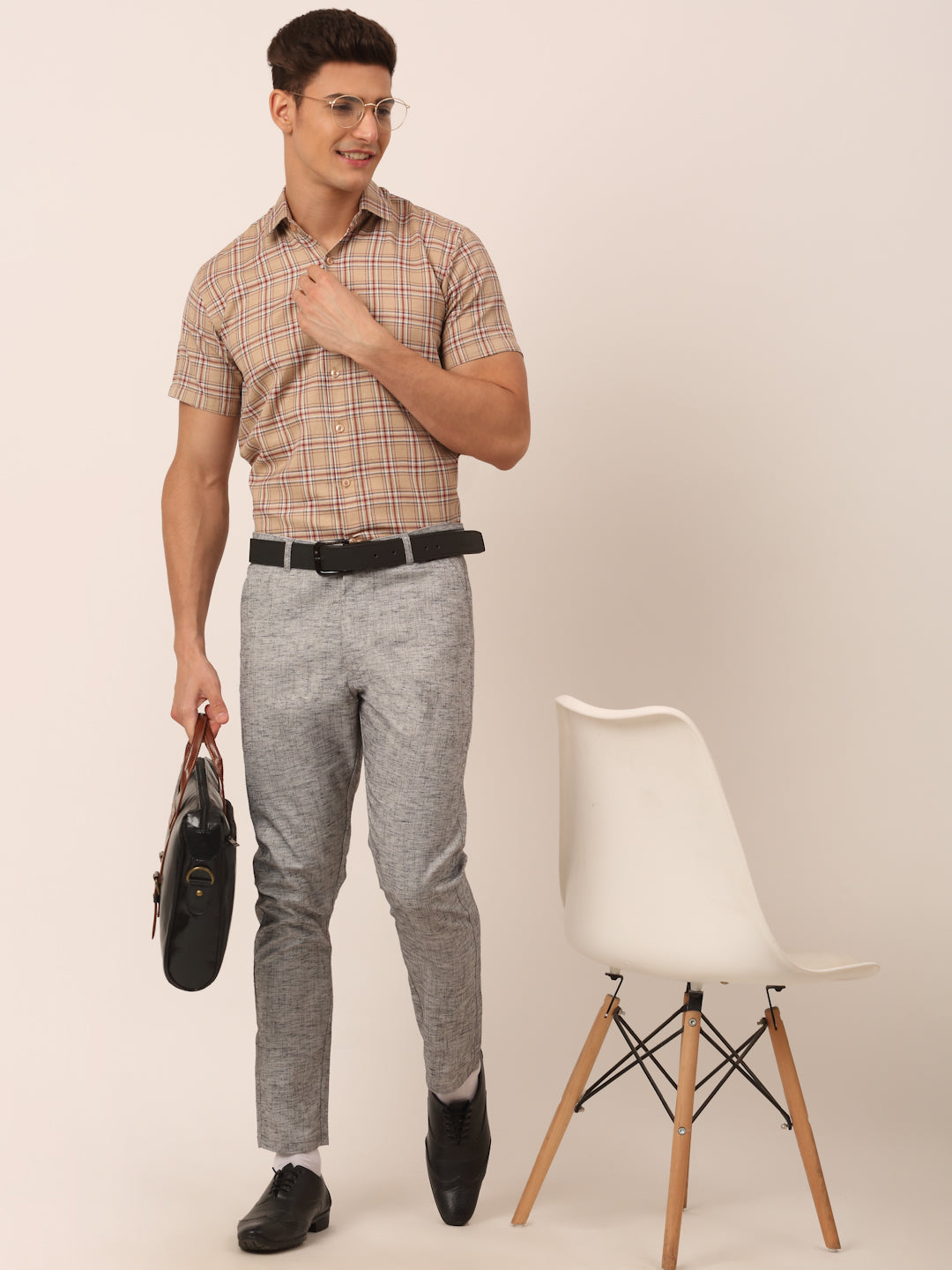 Jainish Men's Cotton Checked Half Sleeve Formal Shirts ( SF 815Brown )