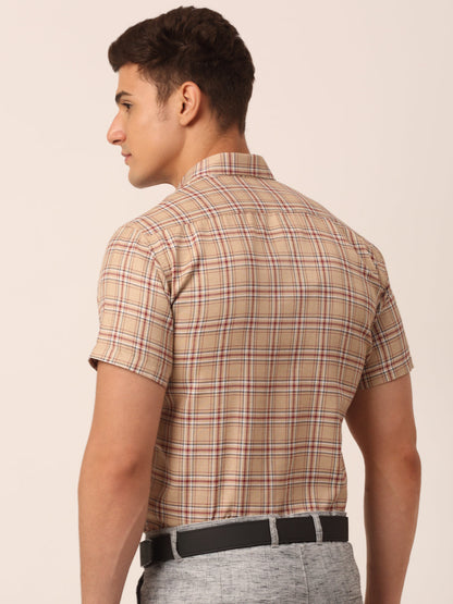 Jainish Men's Cotton Checked Half Sleeve Formal Shirts ( SF 815Brown )
