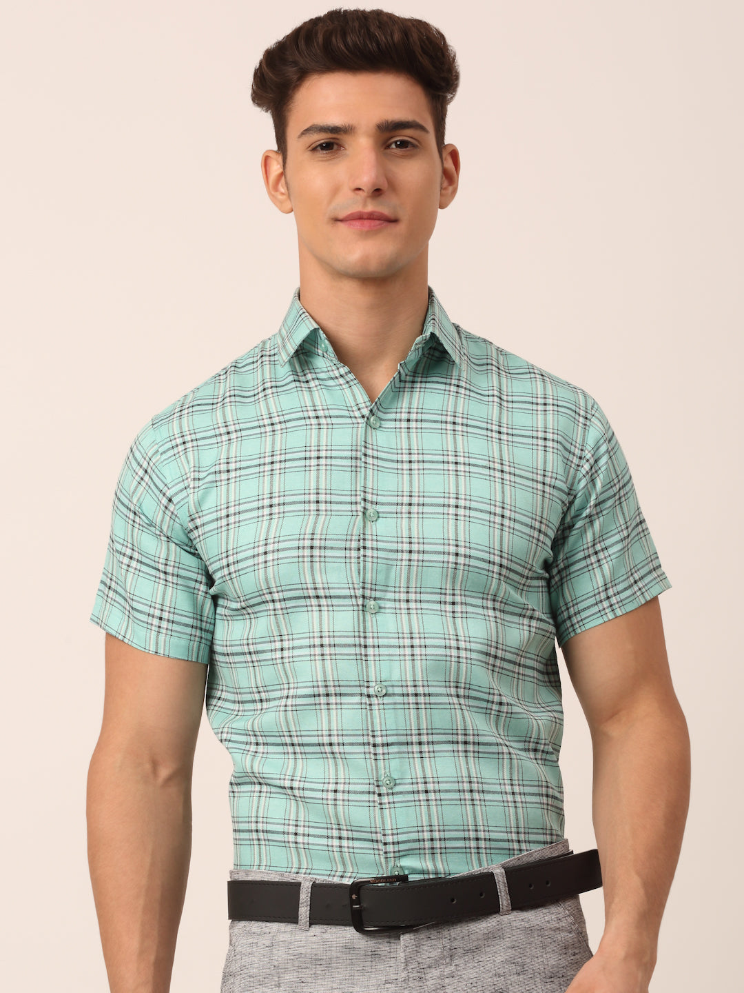 Jainish Men's Cotton Checked Half Sleeve Formal Shirts ( SF 815Green )